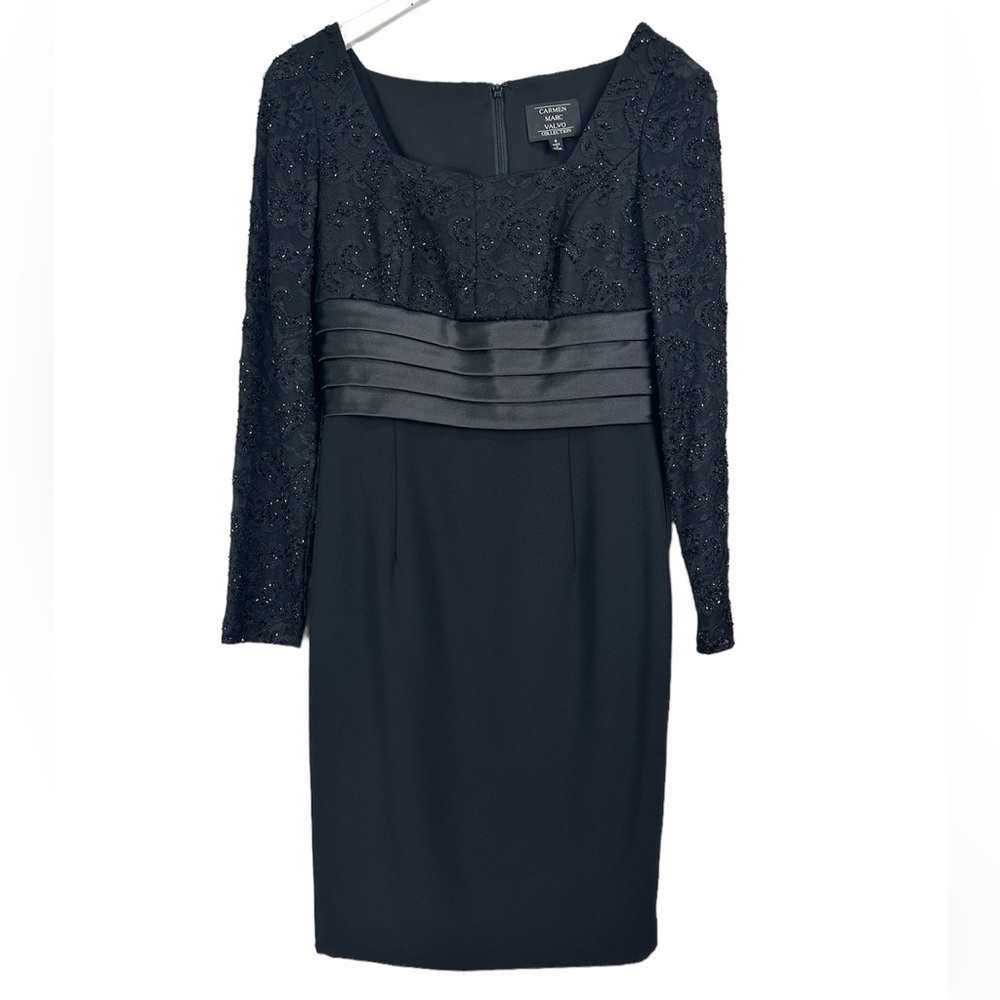 Carmen Marc Valvo Black Knee Length Sheer Sleeve Square Neck Beaded Dress Size 4